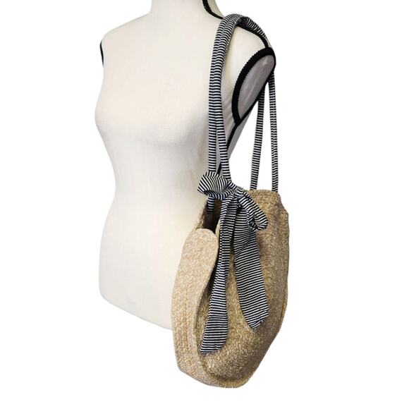 Fifth & Luxe Boho Woven Round Tan Rafia Striped Handle Beach Resort Purse Bag - Picture 2 of 7